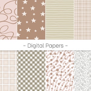 May include: Set of 8 digital papers featuring a variety of patterns, including stars, stripes, gingham, and abstract shapes. The papers are in shades of brown, beige, and white.