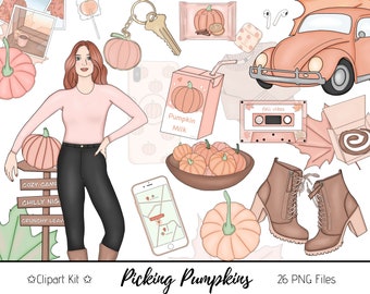 Picking Pumpkins Fall Fashion Girl Clip Art Watercolor Clipart Stationery Sublimation Designs Downloads PNG Hand Drawn Sticker Graphics