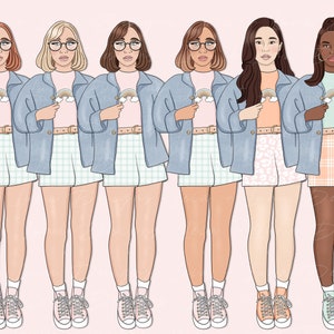 K&ouml;nnte beinhalten: Sechs Frauen in Jeansjacken und verschiedenen gemusterten Shorts. Jede Frau hat ein Regenbogen-Motiv auf ihrem Shirt. Sie tragen alle Turnschuhe.