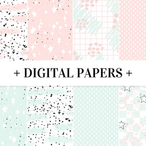 May include: Set of 10 digital papers featuring a variety of patterns in pink and green. The patterns include polka dots, stars, grid, and abstract shapes.