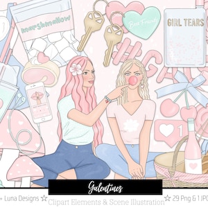 Galentines Best Friends Valentines Fashion Girl Clip Art Watercolor Clipart Stationery Designs Downloads PNG Hand Drawn Sticker Graphics