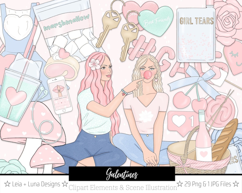 Galentines Best Friends Valentines Fashion Girl Clip Art Watercolor Clipart Stationery Designs Downloads PNG Hand Drawn Sticker Graphics
