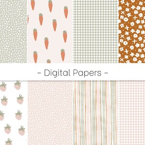 May include: Set of 10 digital papers featuring various patterns, including polka dots, gingham, stripes, and floral designs. The patterns are in shades of green, brown, white, and pink.
