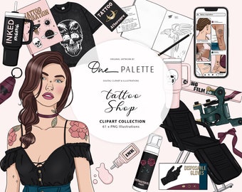 Tattoo Shop Fashion Girl Clip Art Planner Clipart Stationery Designs Downloads PNG Hand Drawn Sticker, Tattoo Shop Planner Clipart, Tattoo