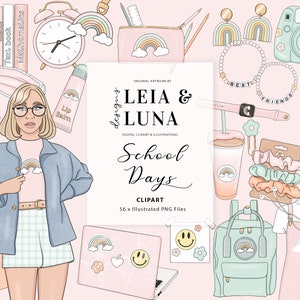 Back to School Planner Clipart Fashion Girl Clip Art School Clipart Stationery Designs Downloads PNG Hand Drawn Sticker Graphics