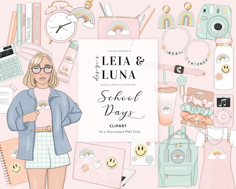 K&ouml;nnte beinhalten: Ein digitales Clipart-Set mit schulbezogenen Illustrationen in Pastellfarben. Das Set enth&auml;lt ein M&auml;dchen mit Brille, das eine blaue Jacke und ein Regenbogen-Shirt tr&auml;gt, einen Taschenrechner, einen Rucksack, eine Regenbogen-Wasserflasche, eine Kaffeetasse, einen Laptop, einen Stiftehalter, ein Paar Scrunchies, eine Uhr, ein Paar Ohrringe, eine Kamera, einen Lippenbalsam und ein Satz B&uuml;cher. Das Set enth&auml;lt auch mehrere Aufkleber mit Smiley-Gesichtern und Regenb&ouml;gen.