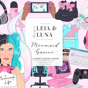 Meerjungfrau Gamer Girl Mermay Mode Mädchen Clip Art Aquarell Clipart Briefpapier Designs Downloads PNG Hand gezeichnete Aufkleber Grafiken