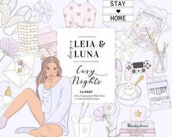 Cosy Nights Fashion Girl Clip Art Watercolor Clipart Stationery Designs Downloads PNG Hand Drawn Sticker Graphics