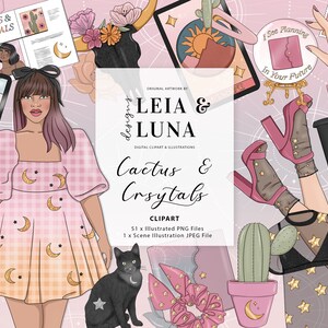 Celestial Planner Fashion Girl Clip Art Cactus and Crystals Clipart Stationery Designs Downloads PNG Hand Drawn Sticker Graphics