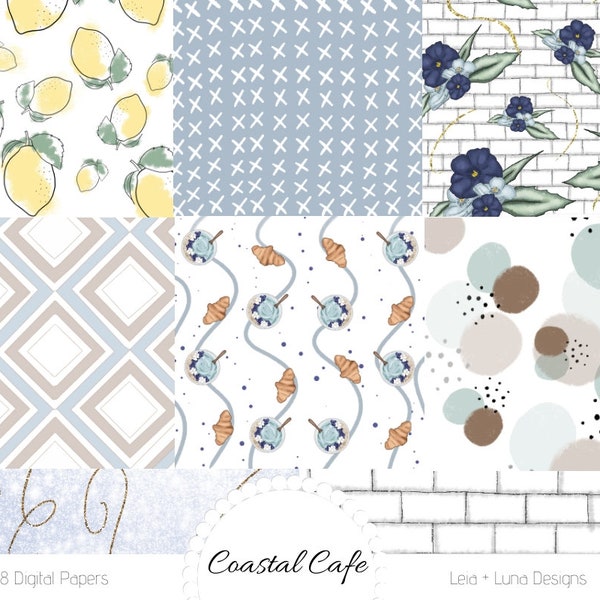 Coastal Cafe Digital Scrapbook Paper Watercolor Coffee Lemon Coast Blue Sandal Smoothie Bowl Hand Drawn Background