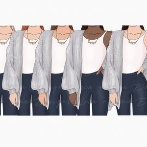 K&ouml;nnte beinhalten: F&uuml;nf Frauen tragen graue Cardigans mit wei&szlig;en Tanktops und blauen Jeans. Jede Frau tr&auml;gt eine goldene Halskette mit dem Wort "huggo" in goldenen Buchstaben.