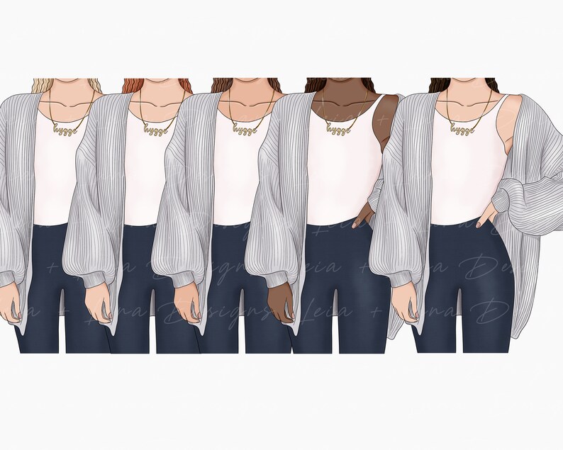 K&ouml;nnte beinhalten: F&uuml;nf Frauen tragen graue Cardigans mit wei&szlig;en Tanktops und blauen Jeans. Jede Frau tr&auml;gt eine goldene Halskette mit dem Wort "huggo" in goldenen Buchstaben.