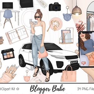 Blogger babe Fashion Girl Clip Art Watercolor Clipart Stationery Sublimation Designs Downloads PNG Hand Drawn Sticker Graphics