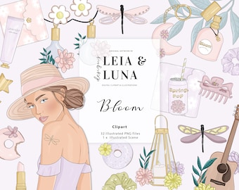 Bloom Floral Spring Fashion Girl Clip Art Watercolor Clipart Stationery Designs Downloads PNG Hand Drawn Sticker Graphics