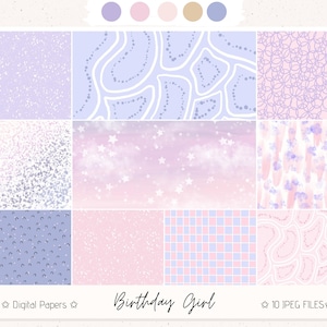 May include: A set of 10 digital papers in pink and purple with various patterns, including stars, clouds, polka dots, and geometric shapes. The text "Birthday Girl" is at the bottom of the image.