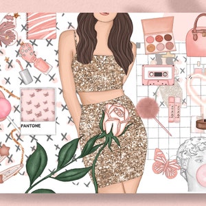 Mood Board Mini Kit Girl Clip Art Acuarela Clipart Sublimación Diseños Descargas PNG Crafts Sticker Graphics