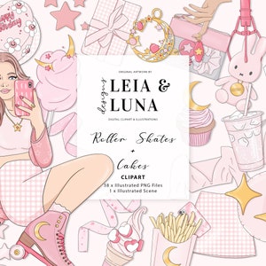 Puede incluir: Un conjunto de clipart digital que presenta a una chica patinando con pelo rosa, una falda de cuadros rosa y blanca y patines rosas. El conjunto también incluye una magdalena rosa, un café helado rosa, un conejito rosa, una caja de regalo rosa, un algodón de azúcar rosa y otros elementos rosas y dorados. El texto "Roller Skates + Cakes" aparece en la imagen.