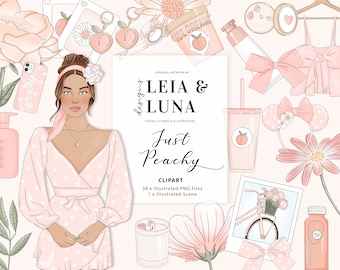 Just Peachy Pink Spring Floral Fashion Girl Clip Art Watercolor Clipart Stationery Designs Downloads PNG Hand Drawn Sticker Graphics