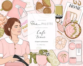 Cafe Time Coffee Fashion Girl Clip Art Planner Clipart Stationery Designs Downloads PNG Hand Drawn Sticker, Coffee Shop Brunch Clipart
