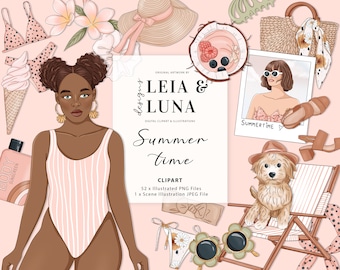 Summertime Summer Fashion Girl Clip Art Watercolor Clipart Stationery Designs Downloads PNG Hand Drawn Sticker Graphics