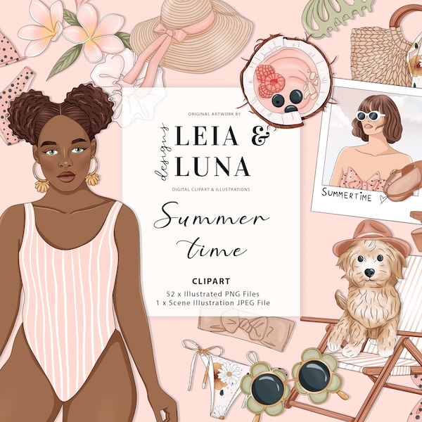 Summertime Summer Fashion Girl Clip Art Watercolor Clipart Stationery Designs Downloads PNG Hand Drawn Sticker Graphics