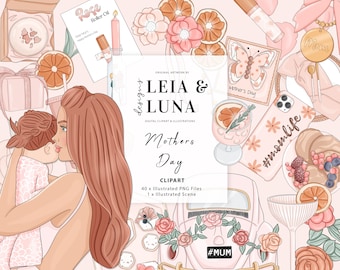 Mothers Day Spring Bohemian Fashion Girl Clip Art Watercolor Clipart Stationery Designs Downloads PNG Hand Drawn Sticker Graphics