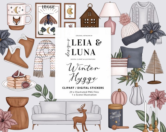 Winter Hygge Clipart Fashion Girl Clip Art Winter Clipart Stationery Designs Downloads PNG Hand Drawn Sticker Graphics
