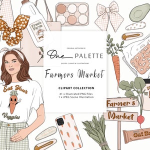 Planificateur de marché de producteurs Clipart Fashion Girl Clip Art fruits et légumes Clipart Papeterie Designs téléchargements PNG autocollant dessiné à la main
