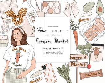 May include: A digital clipart collection of 41 illustrated PNG files and 1 JPEG scene illustration featuring a farmers market theme. The illustrations include a woman wearing a t-shirt that says "Eat Your Veggies", a carrot, a milk carton, a loaf of bread, a sign that says "Farmer's Market", a carton of ice cream, and a variety of other farm-fresh items.