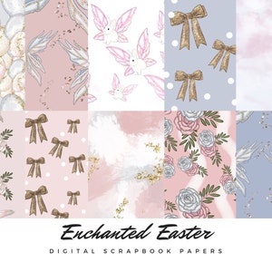 May include: A set of 10 digital scrapbook papers featuring a variety of Easter-themed patterns, including pastel pink and blue backgrounds with gold glitter, white and pink flowers, bows, and butterflies.