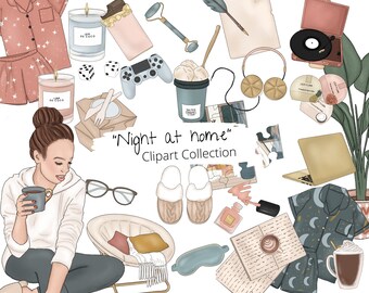 Night at home clip art, stay at home clip art, relax clipart for planner sticker, me time clipart, weekend clip art, planner clip art