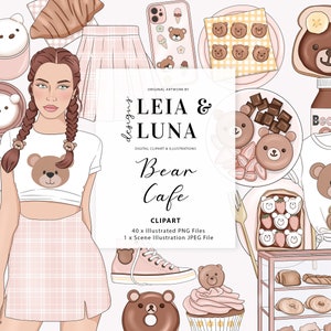 Urso Café Cafeteria Brunch Moda Menina Clip Art Cute Café Chá Clipart Papelaria Designs Downloads PNG Gráficos de adesivos desenhados à mão