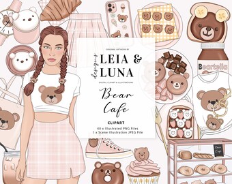 Bear Cafe Coffee Shop Brunch Fashion Girl Clip Art Cute Coffee Tea Clipart Stationery Designs Downloads PNG Hand Drawn Sticker Graphics