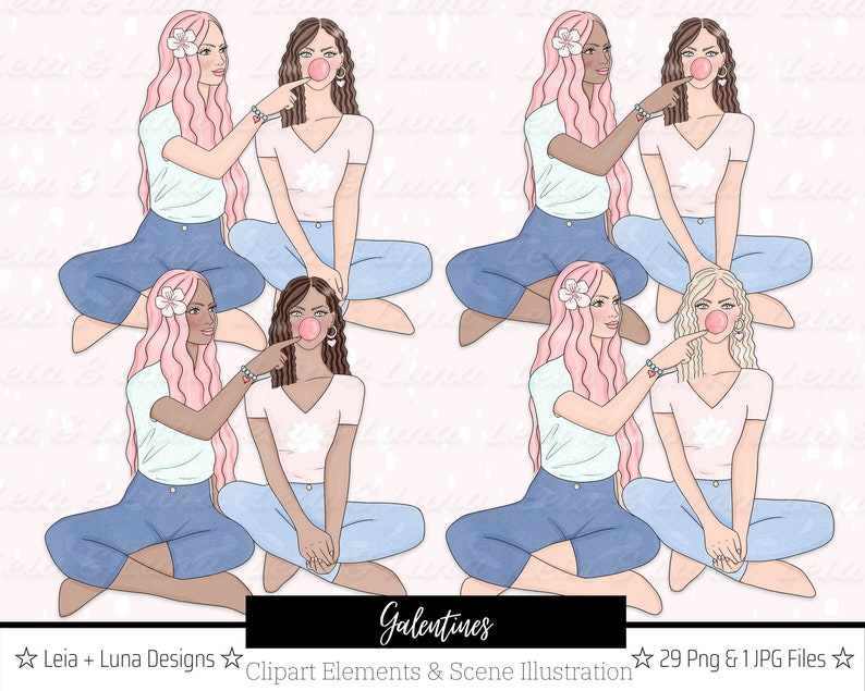Galentines Best Friends Valentines Fashion Girl Clip Art Watercolor Clipart Stationery Designs Downloads PNG Hand Drawn Sticker Graphics
