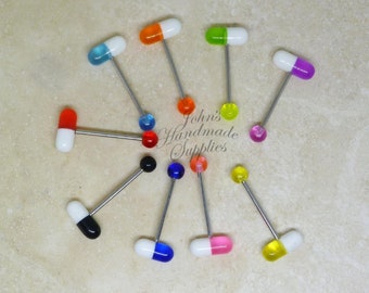 14G Steel 16mm (5/8") Tongue Ring Bar Straight Barbell Novelty Realistic Pill Piercings