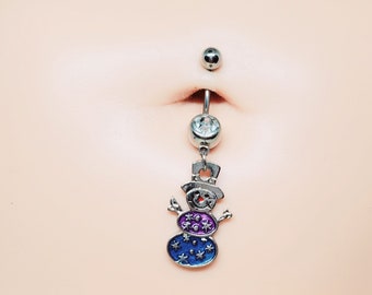 14g 316L silver purple pink snowman cute long belly ring, belly button piercing, navel ring, curved barbell, dangle navel jewelry