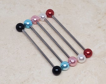 14G 316L surgical steel faux pearl beaded industrial barbell, industrial bar, long earrings with option of extra ball