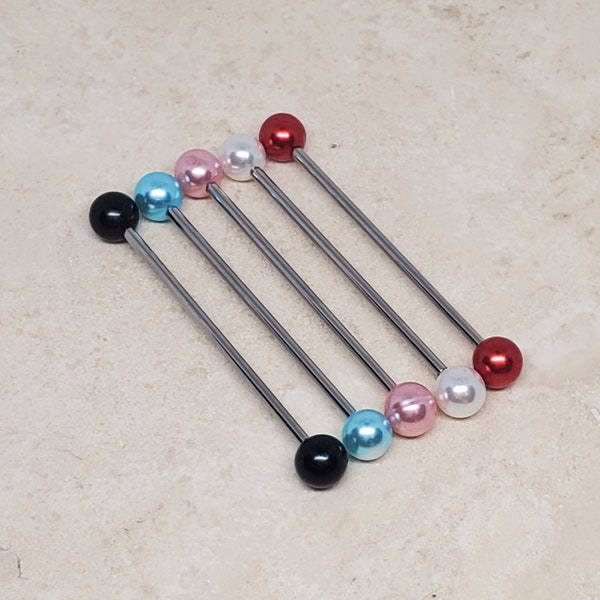 14G 316L surgical steel faux pearl beaded industrial barbell, industrial bar, long earrings with option of extra ball