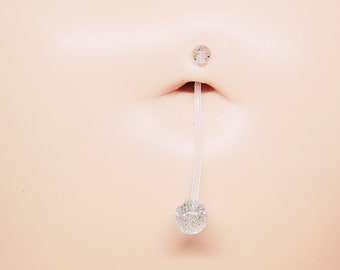 14g bioplast clear long straight barbell flexible bendable glittering pink pregnancy maternity belly button ring piercing / clear retainer