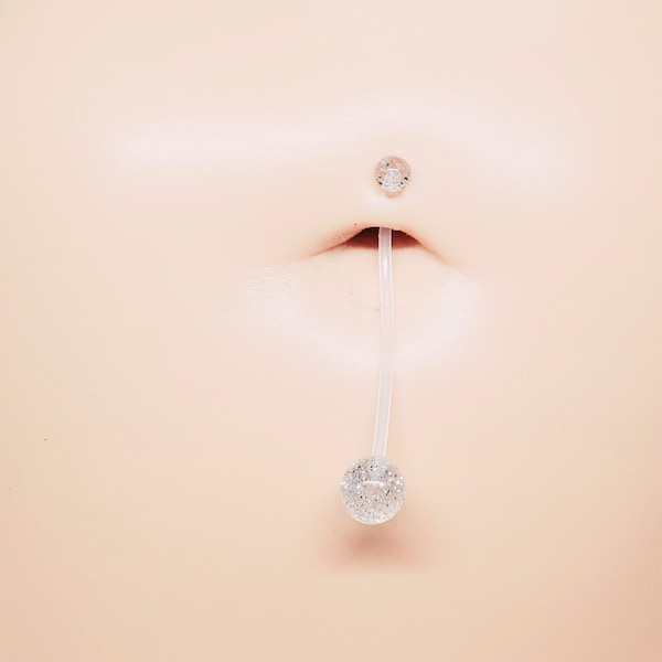 14g bioplast clear long straight barbell flexible bendable glittering pink pregnancy maternity belly button ring piercing / clear retainer