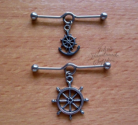 14G Surgical Steel 38mm Long Standard Length Antique Silver Ship Wheel and Anchor or Big Anchor Straight Industrial Bar Barbell Jewelry Etsy Ireland