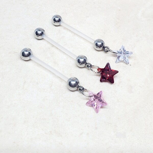 14g PTFE clear long straight barbell flexible bendable retainer star cz  pregnancy maternity belly button ring piercing, mri school safe