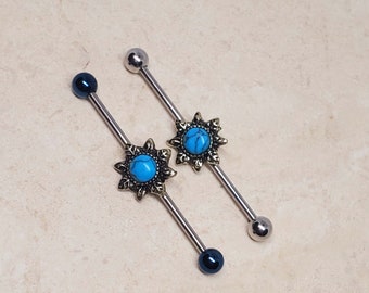 14g 38mm faux opal blue turquoise industrial bar barbell piercing jewelry