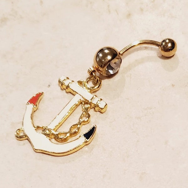 14g 316l surgical steel gold crystal anchor dangling long belly button ring, curved bar barbell, navel ring piercing
