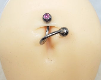 14g 316L surgical steel silver pink cz crystal twister belly ring, belly button piercing, navel ring, curved barbell,  spiral navel jewelry