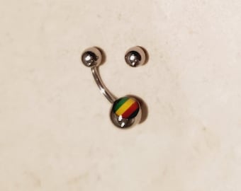 Rasta flag 14g 316l surgical steel  belly banana bar barbell belly ring piercing navel ring piercing additional 5mm silver ball