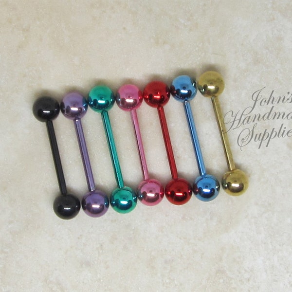 Metallic gold, black, blue, purple, pink, green, rainbow 14g Tongue barbell bar ring 5/8" 16mm Metal standard size jewelry