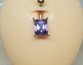 14g yellow gold amethyst purple square belly button ring navel ring bar barbell piercing cz crystal belly ring piercing / curved barbell