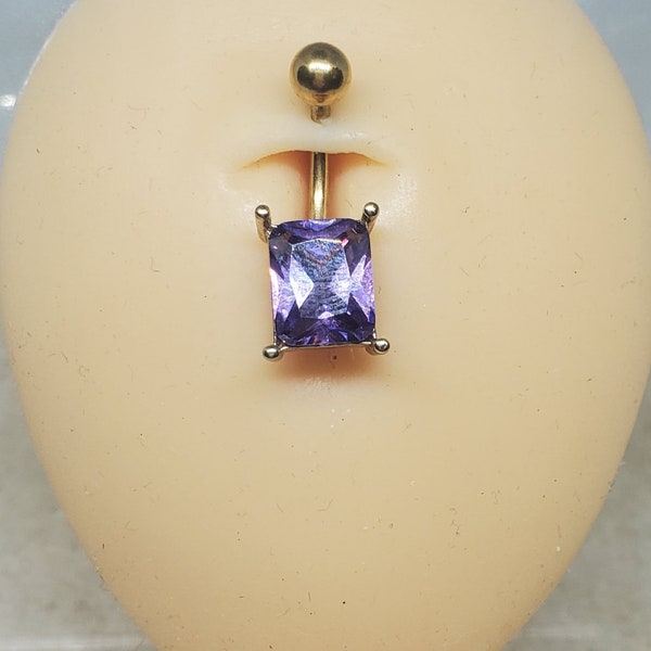 14g yellow gold amethyst purple square belly button ring navel ring bar barbell piercing cz crystal belly ring piercing / curved barbell