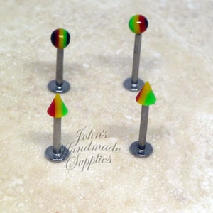 16g 5/16" or 3/8" 8mm or 10mm Rasta Reggae straight bar barbell lip stud labret Monroe piercing, helix, cartilage, tragus stud earrings
